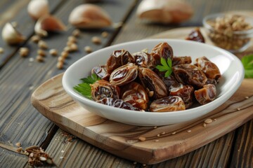 Aufkleber - Fresh dates on a wooden cutting board, perfect for healthy eating concepts