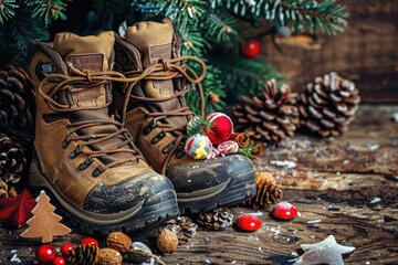 Poster - Pair of boots next to a festive tree, suitable for holiday themes