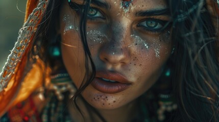 Poster - Close-up of a woman wearing a decorative headdress. Ideal for cultural and traditional themed projects