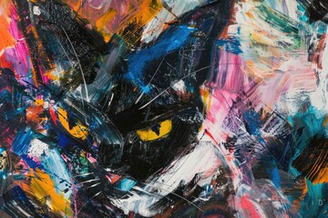 Sticker - A realistic painting of a black cat with striking yellow eyes. Suitable for various design projects