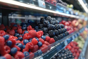 Poster - Assorted berries in a display case. Ideal for food and nutrition concepts