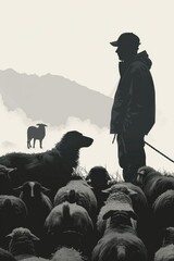 Poster - A man standing in front of a herd of sheep. Suitable for agricultural and farming concepts
