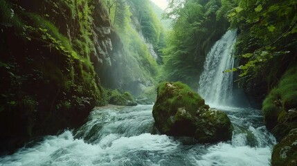 Poster - A scenic waterfall surrounded by vibrant green trees, perfect for nature-themed designs
