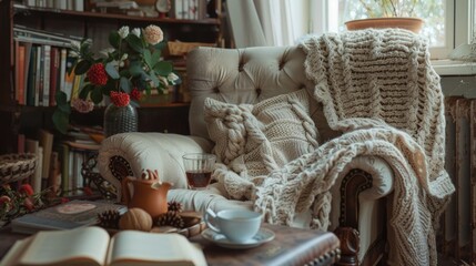 Poster - A cozy living room filled with furniture and books. Suitable for interior design projects