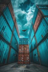 Poster - A plane flying over a row of shipping containers. Suitable for transportation and logistics concepts