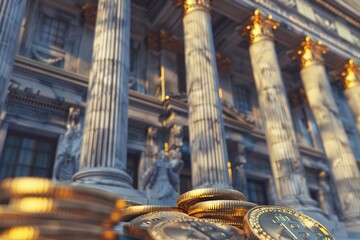 Poster - Stack of gold coins placed in front of a building, ideal for finance and investment concepts