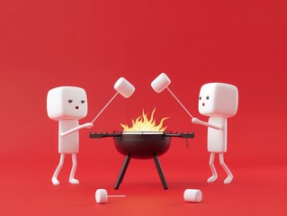Wall Mural - Two cartoon characters are making s'mores over a fire,having a barbecue , barbecue grill, summer activities.