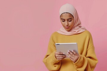 Aufkleber - A woman wearing a hijab looking at a tablet, suitable for technology concepts