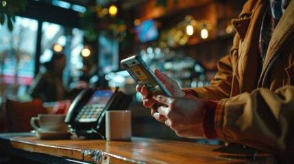 Poster - A person using a cell phone at a bar. Suitable for social media or technology concepts