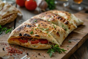 Poster - Delicious pizza on rustic wooden board. Perfect for food blogs and restaurant menus