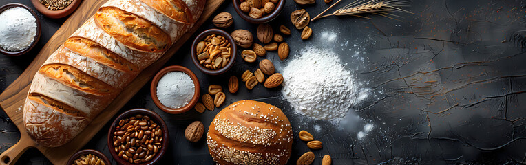 Wall Mural - Bread bakery background top food view fresh white wheat loaf. Background food flour bakery top bread slice pastry brown breakfast bake organic cut table french grain baguette board wood whole wooden 