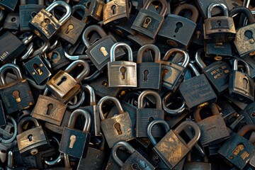 Poster - A pile of padlocks stacked together, symbolizing security and protection. Perfect for illustrating concepts of safety and safeguarding valuables