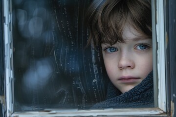 Aufkleber - A young boy peering through a window, suitable for various uses