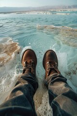 Poster - A person standing on a beach with their feet in the water. Suitable for travel and relaxation concepts