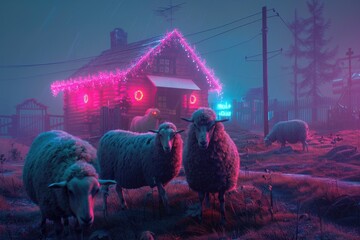 Poster - A herd of sheep standing on top of a grass covered field. Suitable for agricultural and nature concepts