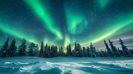 mint green northern lights shaping like a forest of trees over a snow blanket