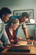 © peopleimages.com - Happy, business people and laptop with team at night in meeting for creative planning, design or deadline at office. Group of employees working late with smile on computer for startup at workplace