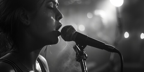 Aufkleber - Female singer performing in dimly lit space, suitable for music industry promotions