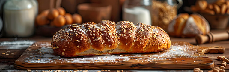 Wall Mural - Bread bakery background top food view fresh white wheat loaf. Background food flour bakery top bread slice pastry brown breakfast bake organic cut table french grain baguette board wood whole wooden 