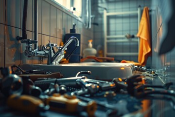 Canvas Print - A bathroom sink with various tools on the counter. Perfect for home improvement or plumbing concepts