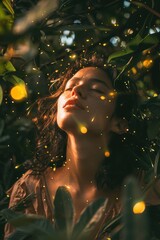 Poster - A woman with her eyes closed surrounded by glowing fireflies. Suitable for nature and beauty concepts
