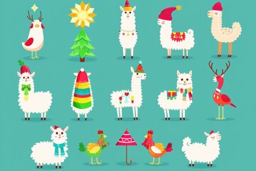 Sticker - A group of llamas surrounded by festive Christmas trees. Perfect for holiday-themed projects