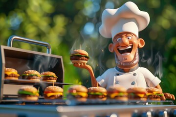 Wall Mural - A cartoon chef is holding a burger on a grill with a bunch of other burgers on t,having a barbecue , barbecue grill, summer activities.