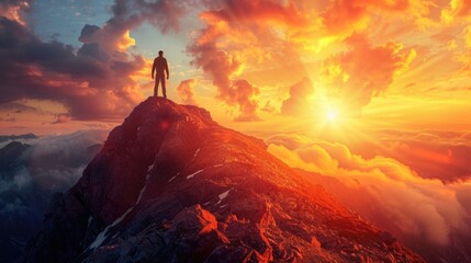 Aufkleber - A man standing on the top of a mountain at sunset. Ideal for travel and adventure concepts
