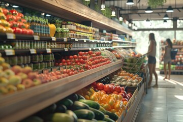 Poster - A woman browsing products in a supermarket, suitable for retail concepts