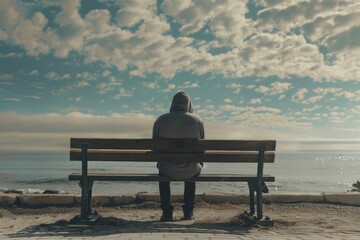 Poster - A person sitting on a bench looking out at the ocean. Suitable for travel and relaxation concepts