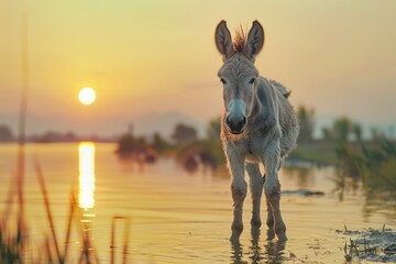 Wall Mural - A peaceful scene of a donkey standing in the water at sunset. Ideal for nature and animal lovers