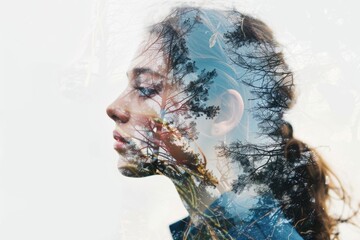 Aufkleber - Close-up of a woman's face with trees in the background, suitable for nature or beauty concepts