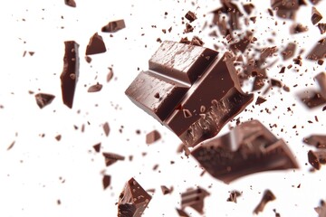 Poster - A piece of chocolate flying through the air. Perfect for food and dessert concepts