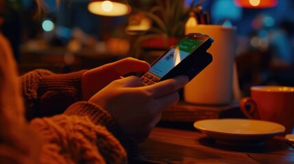 Poster - A person using a cell phone at a table, suitable for technology and communication concepts