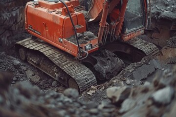 Poster - An orange excavator working on a pile of rubble. Suitable for construction industry projects