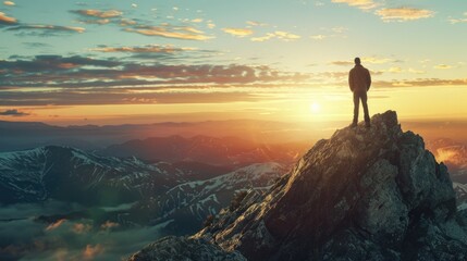 Aufkleber - A man standing on the top of a mountain at sunset. Suitable for travel and adventure concepts