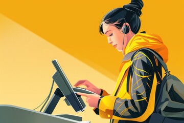 Poster - A woman in a yellow jacket using a computer. Suitable for technology and business concepts