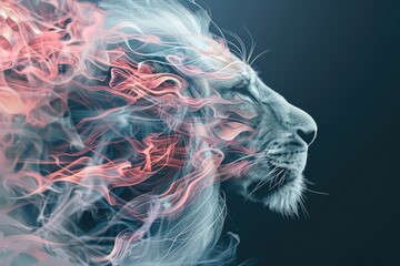 Poster - Close up of a lion's face with red and white smoke, suitable for various design projects