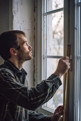 Poster - A man using a tape measure to measure a window. Suitable for home improvement projects