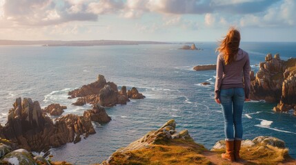 Poster - A woman standing on a cliff with a view of the ocean. Suitable for travel brochures or inspirational posters