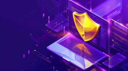 Poster - concept of data protection, online security, isometric modern. laptop with a golden shield guarding 