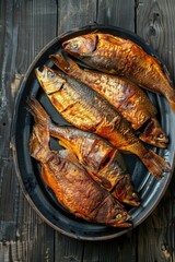 Wall Mural - Pan filled with fish on rustic wooden table, perfect for seafood restaurant menus