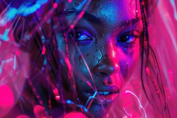 Poster - Close-up of a woman's face with neon makeup. Suitable for beauty and fashion concepts
