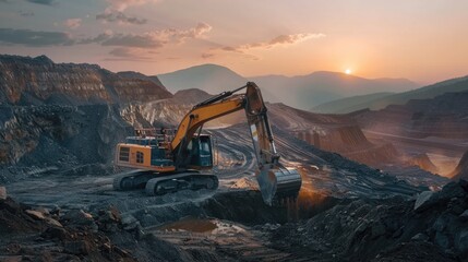 Poster - A large excavator working on a mountain side. Perfect for construction or industrial projects