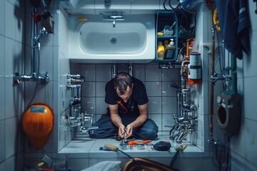 Poster - A man sitting in a bathroom with tools on the floor. Suitable for construction or home improvement concepts
