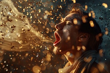 Poster - A man with his mouth open surrounded by confetti. Perfect for celebration concepts
