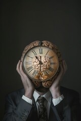 Poster - A man in a suit holding a clock with a brain on it. Suitable for business and time management concepts