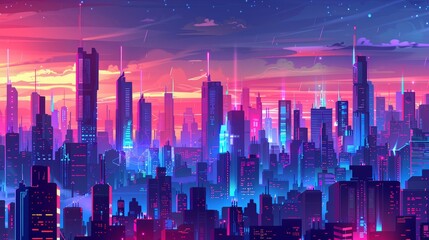 Wall Mural - A night town with skyscrapers and lights. A modern cartoon illustration of a cityscape with futuristic buildings.