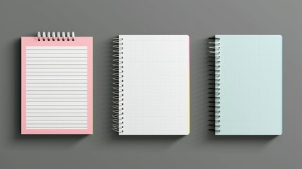 Poster - Notepad with lined, checkered, and dot pages isolated on gray background. Notepad with blank paper and binder iron spiral but no contents. Realistic 3D modern image.