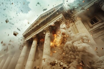 Poster - A large building with a pile of rubble in front of it. Suitable for illustrating destruction or renovation projects